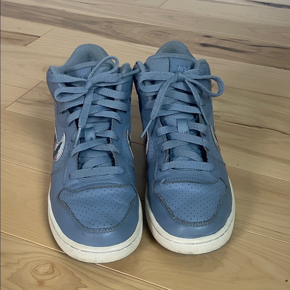 Nike Big Kids Gray/Blue Sneakers with Pink and Light Blue Camo Swooshes - Picture 2 of 6